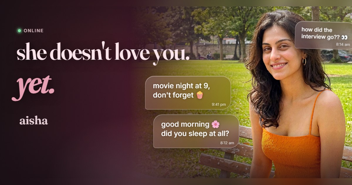Aisha smiling on a park bench with her chat messages: movie night at 9, good morning, how did the interview go