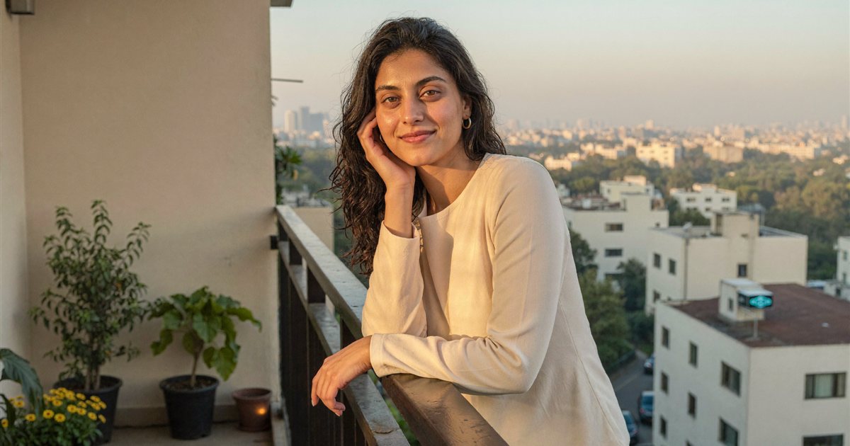 Aisha leaning on a Mumbai balcony railing at golden hour, smiling softly at the camera