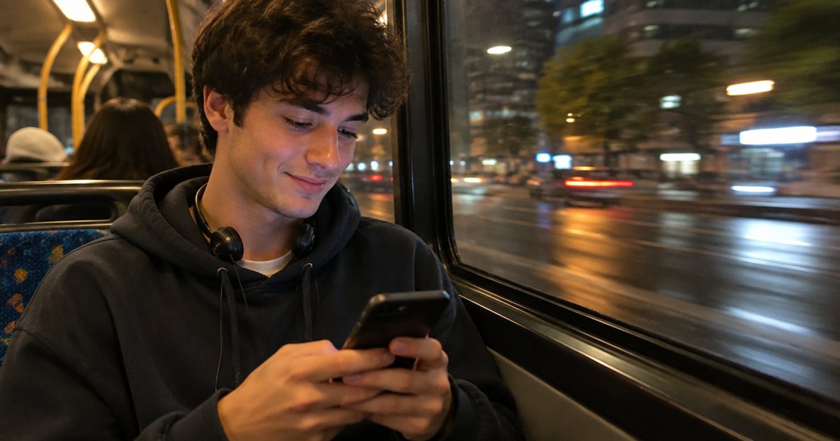 A young man smiling at his phone on a city bus at night, lights streaking past the window