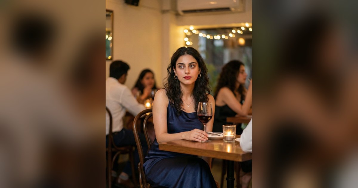 Aisha at a candlelit restaurant table in the evening, in a navy dress